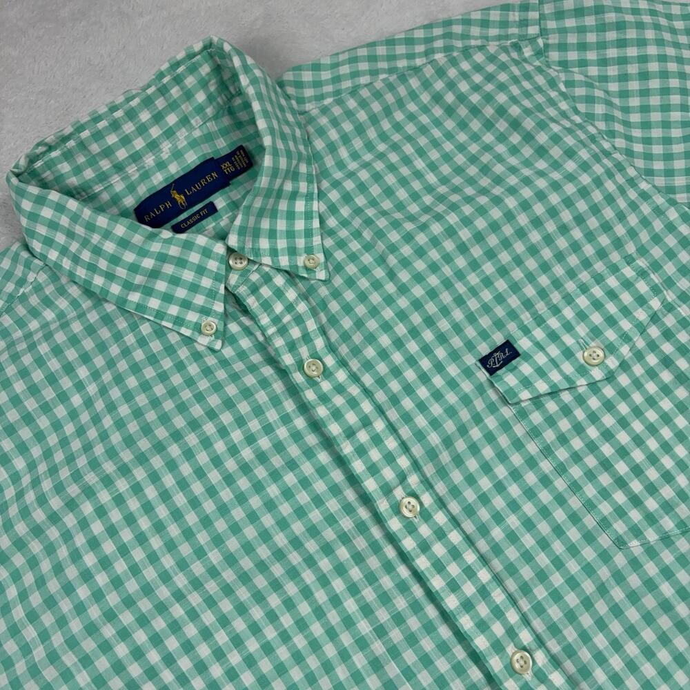 Ralph Lauren Button Up Shirt Men 2XL Green Check Classic Fit Short Sleeve
